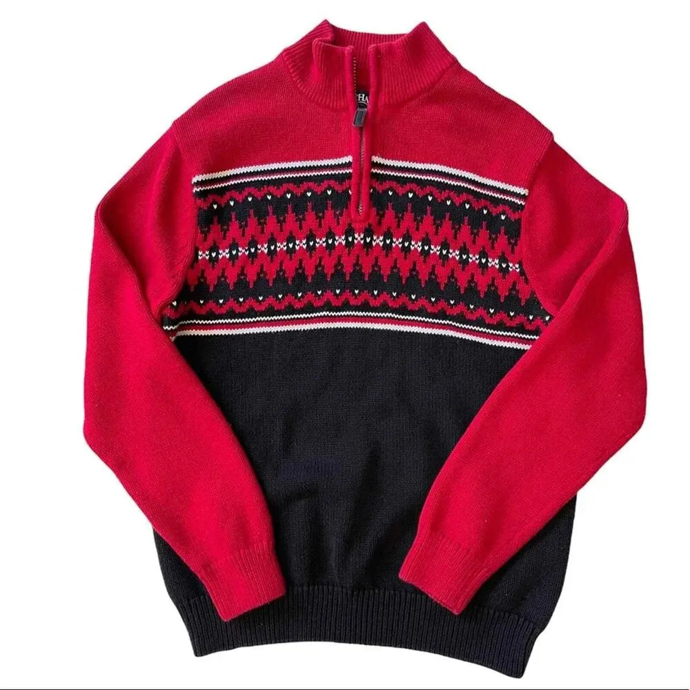 Chaps Quarter Zip Fair Isle Sweater Mens‎ Red Black Lead Table Holiday Nordic